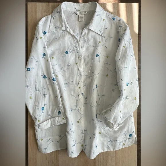 Sarah Spencer 100% Linen Embroidered Floral Button Front Shirt 2X White Blue - Picture 10 of 10